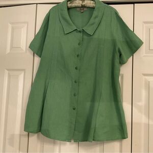 Flax- linen Green Short Sleeve Button Down Shirt LARGE